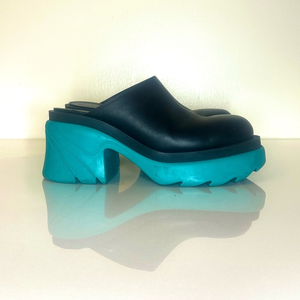 Bottega Veneta Black Leather Mules with Turquoise Chunky Soles